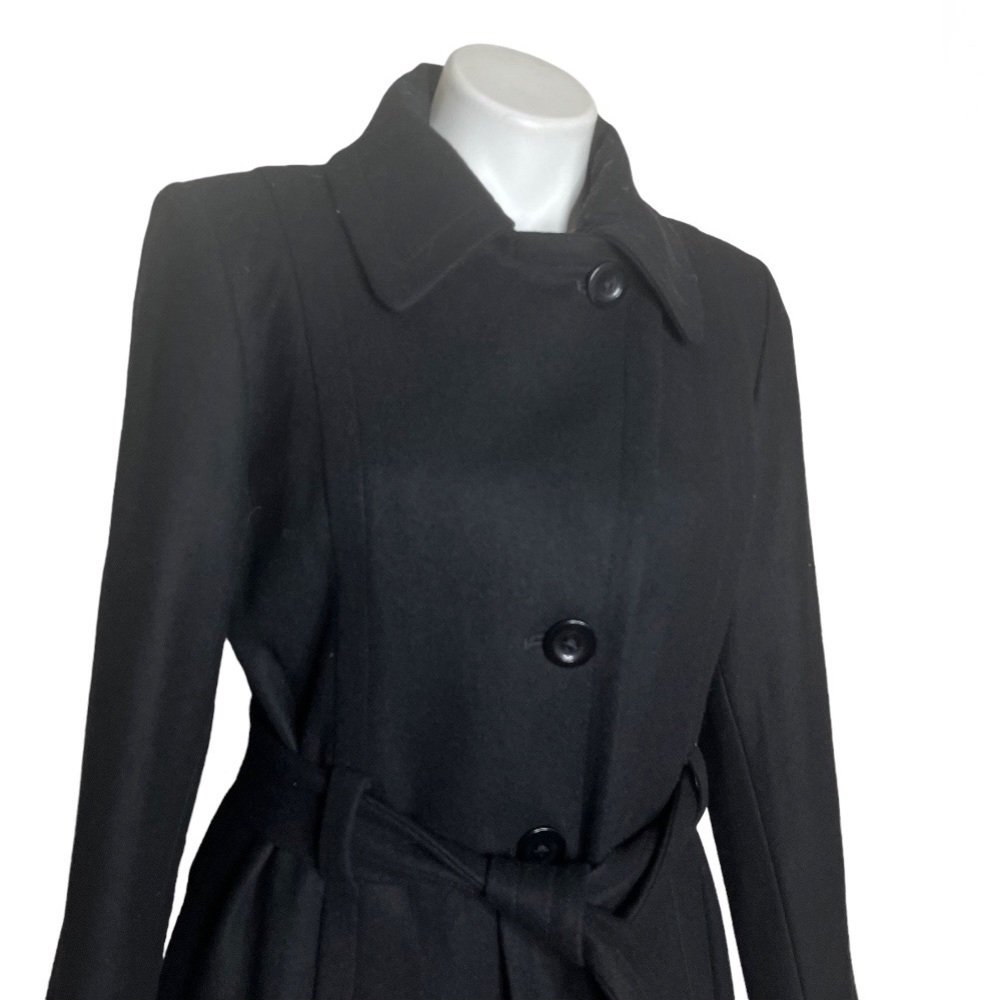 ANNE KLEIN Black Coat Wool Blend Buttons Tie Belt Lined Fall Winter Size Medium